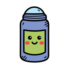 Cute Cartoon Deodorant Roll On With Smiling Face On Green Label Light Blue Cap And Purple Bottle With Black Outline
