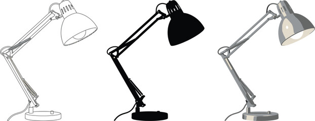 Articulated Desk Lamps Illustration in Line, Silhouette, and Shaded Styles