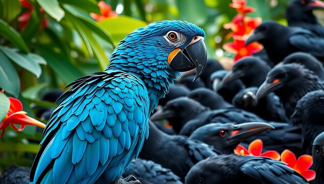A vibrant blue hyacinth macaw stands out amidst a flock of black birds, surrounded by lush green foliage