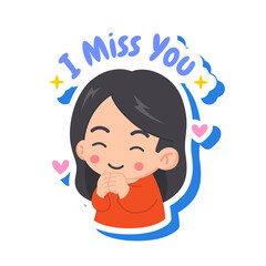 Cute cartoon girl with black hair orange shirt smiling with hearts and stars saying I Miss You with transparent background