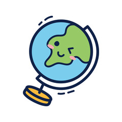 Cute cartoon globe with smiling face and wink on transparent background in a doodle art style