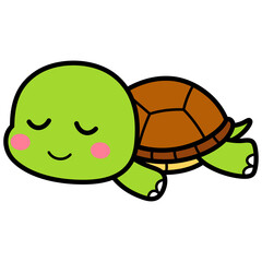 Cute cartoon green turtle sleeping peacefully with closed eyes and blush pink cheeks on transparent background