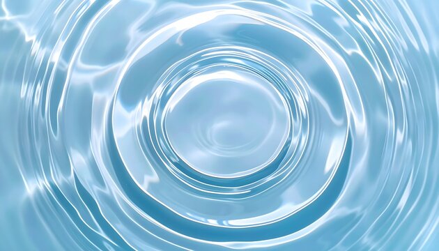 Flat lay background of clear blue water ripple texture, showing perfect concentric wave patterns spreading across the liquid surface, abstract design.
