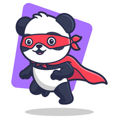 Cute Cartoon Panda Character Dressed As A Superhero With A Red Cape And Mask Running With A Purple Background And A Shadow Effect