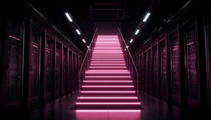 Fototapeta premium A futuristic interior with illuminated pink steps descending, flanked by dark server racks