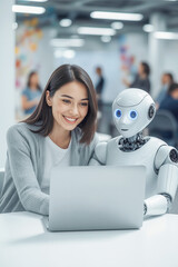 Woman and AI humanoid robot work together and collaborating while looking at a laptop, symbolizing AI partnership help job