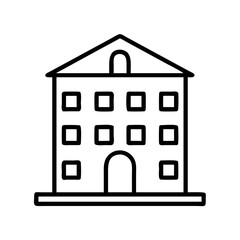 Simple line art icon of a multi story building with arched entrance and windows
