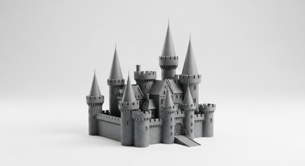 Obraz premium Gray Toy Castle with Tall Spires and Stone Walls on White Background
