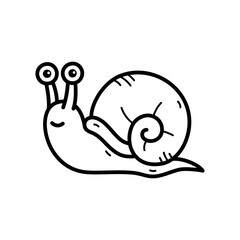 Cute cartoon snail with large eyes and spiral shell on a transparent background simple black and white line art drawing