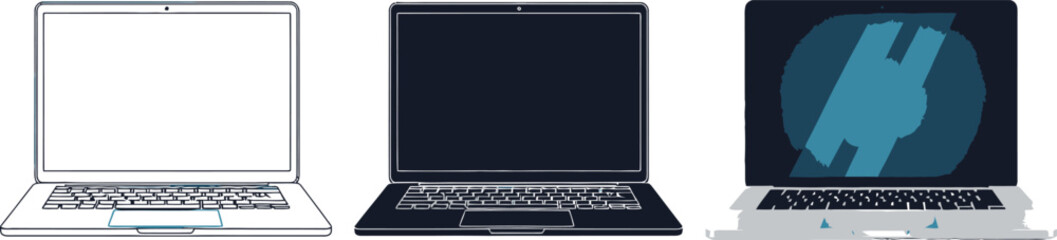 Modern Laptop Illustration Set with Outline, Silhouette, and Realistic Versions on White Background