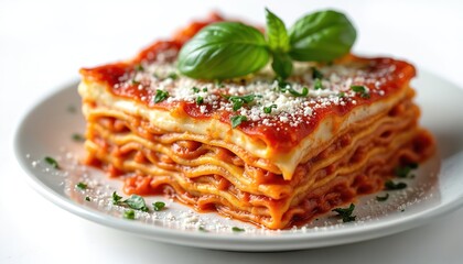 Close view of layered lasagna portion on plate against white backdrop. Traditional italian lasagna with cheese, tomato sauce served for lunch dinner. Fresh basil as garnish topping. Restaurant menu
