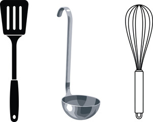 Kitchen Utensils Illustration Featuring Spatula, Ladle, and Whisk on White Background