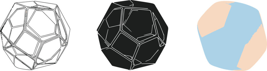 Fullerene Molecule Illustration in Wireframe, Silhouette, and Color Styles