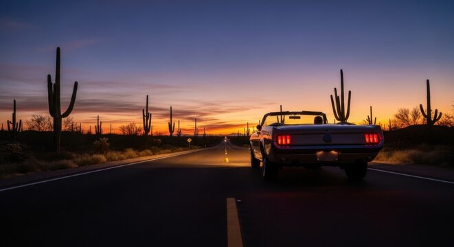 Classic Convertible Cruises Desert Highway Under Dramatic Sunset Sky with Saguaro Cacti