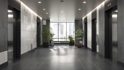 Modern office corridor with elevators, plants, natural light, and tiled walls