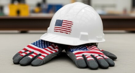 American flag hard hat and work gloves symbolizing patriotism and labor