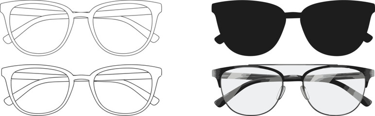 Set of Stylish Eyeglasses and Sunglasses in Line, Silhouette, and Realistic Styles