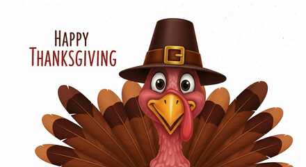 Happy Thanksgiving greeting card featuring a cartoon turkey wearing a pilgrim hat, brown feathers visible Its cheerful expression conveys festive spirit and holiday cheer, ideal for seasonal designs