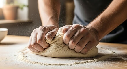 Hands powerfully knead dough on a floured surface preparing to bake something delicious and fresh