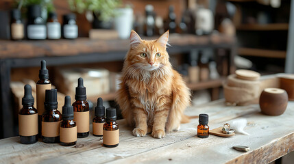 A cat is sitting on a table with many bottles of perfume