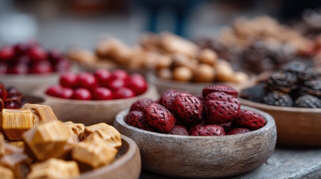 Local Creativity Theme: Table filled with handmade jewelry and wooden carvings in open market  
