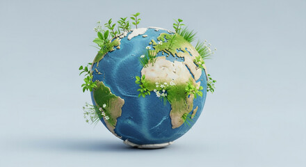 Earth globe covered in greenery, symbolizing environmental conservation and sustainable growth, promoting ecological awareness and a greener future