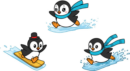 Cartoon penguins playing on ice, winter fun illustration, sledding and sliding, seasonal character design, snow splash, stock image, animated scene