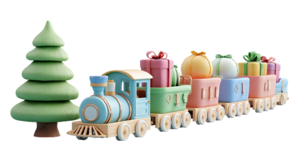 A colorful toy train with steam cars representing childhood fun, playtime creativity, and vintage locomotive design isolated on white background