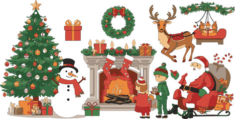 Illustration showing Christmas scenes with decorated tree, Santa Claus, snowman, fireplace, and joyful family moments. Suitable for seasonal cards, posters, and festive designs.