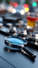 Obraz premium Magnifying glass resting on a table with blurred city lights in the background creating a vibrant bokeh effect during evening time