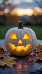 Carved pumpkin candle glow with glowing orange eyes, mischievous smile, autumn leaves, warm golden light, perfect for Halloween. Concept of cozy festive atmosphere.