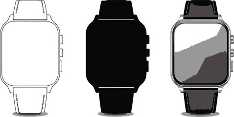 Smartwatch Trio Vector Illustration in Outline, Solid, and Gray Styles