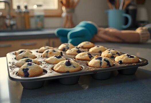  Freshly baked blueberry muffins cooling in a kitchen setting.