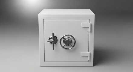 Small White Safe with Metal Lock and Handle on Gray Background