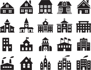 Fototapeta premium Set of Silhouette Illustrations of Various Building Facades Including Houses Churches Schools and Office Buildings 129 Characters