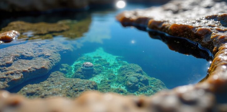 Pristine tide pools nestled amongst dark, wet rocks on a secluded rocky shore Close up view of pristine tide pools nestled amongst dark, wet, and glistening rocks on a secluded rocky shore. The tide
