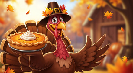 Friendly cartoon turkey wearing pilgrim hat, holding pumpkin pie against autumnal background, representing Thanksgiving holiday celebration and festive cheer