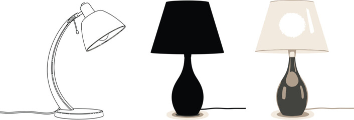 Table Lamp Vector Set &ndash; Line Art, Silhouette, and Colored Illustration