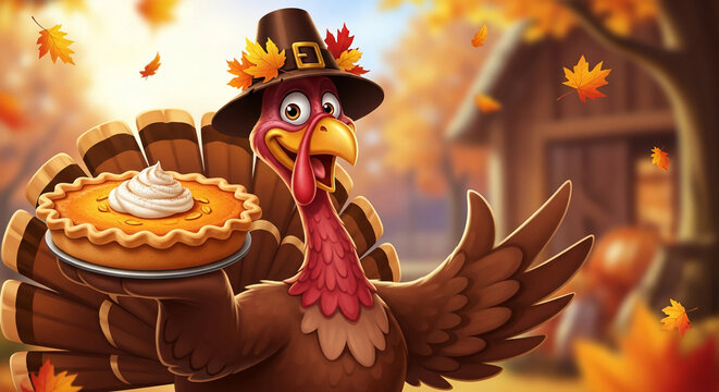 Fototapeta Friendly cartoon turkey wearing pilgrim hat, holding pumpkin pie against autumnal background, representing Thanksgiving holiday celebration and festive cheer