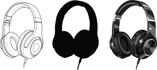 Over-Ear Headphones Vector Set &ndash; Line Art, Silhouette, and Shaded Illustration