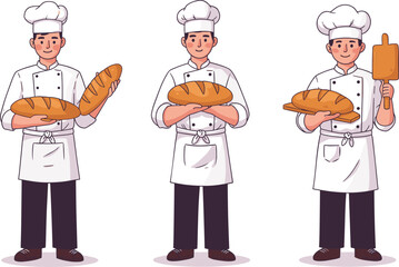 Cartoon, bakers, bread, baking, chef, uniform, apron, hat, kitchen, loaf, paddle, rolling pin, food, character, smiling, white coat, culinary, team, illustration, professional