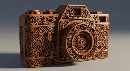 A vintageinspired wooden camera with intricate carvings, showcasing a blend of classic design and artisanal craftsmanship, perfect for photography enthusiasts