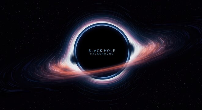Abstract illustration of a black hole with swirling light and stars