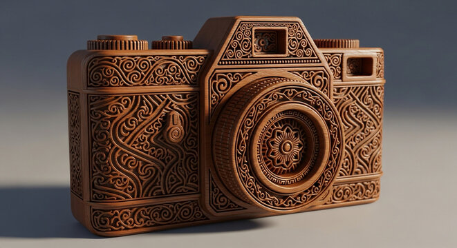A vintageinspired wooden camera with intricate carvings, showcasing a blend of classic design and artisanal craftsmanship, perfect for photography enthusiasts