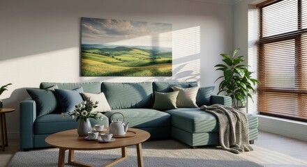 Cozy living room with a large sectional sofa and a scenic landscape painting
