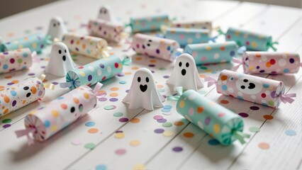 Fototapeta premium Ghost confetti party poppers in pastel shades with colorful polka dots scattered on white wooden surface. Concept of festive, whimsical Halloween decor for celebrations.