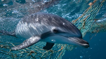 Fototapeta premium Dolphin entangled in fishing net underwater ocean marine life conservation environmental pollution danger 100