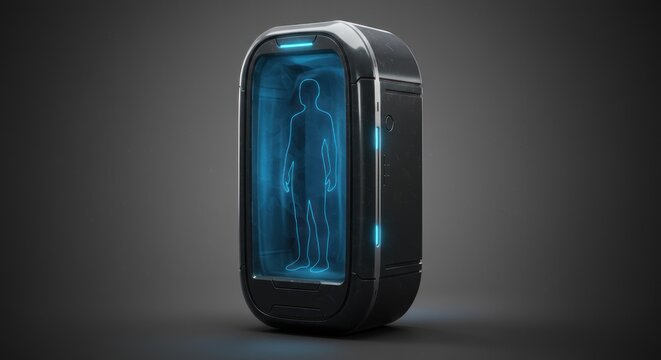 Futuristic pod with humanoid silhouette for stasis or cryosleep concept