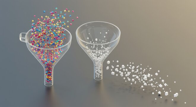 Funnel sorting colorful cubes into white cubes on gray background.