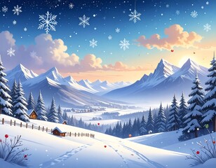 Snowy Mountain Valley Landscape.